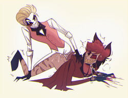 2boys alastor_(hazbin_hotel) anal anal_sex blonde_hair bottomless chains collar cum cum_in_ass cum_on_ass cumming hand_on_shoulder hazbin_hotel hooves implied_anal kyo laying_on_stomach lucifer_morningstar_(hazbin_hotel) male male_only male_penetrated male_penetrating mostly_clothed red_hair restrained restrained_wrists scars shirt smile smiling smooth_skin trembling vivienne_medrano white_skin yaoi