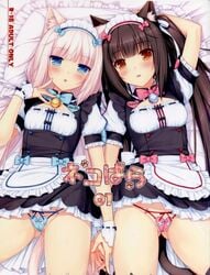 2girls animal_ears animal_tail blue_eyes brown_eyes catgirl chocola_(sayori) dark_hair female_only flat_chested maid_uniform nekomimi nekopara panties sayori vanilla_(sayori) white_hair