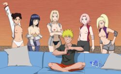 1boy 5girls aged_down bike_shorts blonde_hair blue_hair breasts_out brown_hair clothing esejota harem hyuuga_hinata imminent_orgy imminent_sex ino_yamanaka multiple_girls naruto naruto_(series) naruto_shippuden nude panties pink_hair piper_perri_surrounded reverse_gangbang sakura_haruno sofa sweatpants tenten tsunade uzumaki_naruto