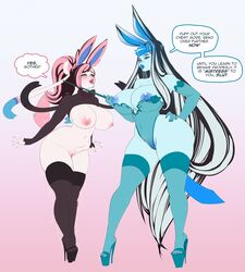 2girls anthro areolae big_breasts breasts female female_only glaceon high_heels how_my_gardevoir_became_a_porn_star! large_breasts laure_lacroix lou_lacroix mother_and_daughter multiple_girls nipples platform_heels pokémon_(species) pokemon pussy speech_bubble stiletto_heels sylveon text thekite thick_thighs thighhighs very_high_heels wide_hips