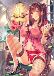 1girls babydoll bangs bedroom breasts cleavage cup female fishnet_legwear fishnets flower garter_straps high_heels highres knee_up lamp lampshade large_breasts lingerie looking_at_viewer makeup mirror navel original panties picot_trim picot_trim_panties pink_flower pink_rose red_panties ribbon ribbon_trim rose sample see-through see-through_dress see-through_silhouette shiny shiny_skin sitting sleeveless smile spread_legs suihei_sen teacup teapot thighhighs underwear watermark window