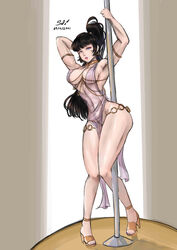 1girls armpits belly_dancer belly_dancer_outfit black_hair blue_eyes dancer dancer_outfit dancing gold_heels harem_girl harem_outfit high_heels jewelry large_breasts original original_character pole pole_dancing pussy salsdraws see-through see-through_clothing see-through_dress shaved_pussy slave slave_collar slave_outfit slavegirl thick_thighs wide_hips