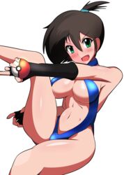 1girls big_breasts black_hair blush breasts dark_hair female female_only green_eyes halubato kasumi_(pokemon) large_breasts legs misty_(pokemon) misty_(the_electric_tale_of_pikachu) nintendo one-piece_swimsuit pokeball pokemon pokemon_(manga) solo swimsuit the_electric_tale_of_pikachu