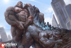 2021 abs absurd_res anthro ape ass_up balls black_body bodily_fluids building city digital_media_(artwork) duo erection genital_fluids genitals godzilla godzilla_(series) gorilla haplorhine hi_res kaiju king_kong lindong macro macro_on_macro male male/male male_only mammal monsterverse muscular muscular_anthro muscular_male nipples outside pecs penis precum primate scalie toho