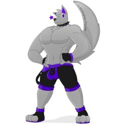 anthro bulge canid canine canis fur furry genital_outline male mammal muscular muscular_anthro muscular_male notkastar one_eye_closed overalls penis_outline solo testicles_outline wink wolf zatch_(character)