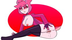 1girls alastor_(hazbin_hotel) blush breasts breasts_out clothing female_alastor_(hazbin_hotel) hazbin_hotel pussy rule_63 simple_background smooth_skin sos_or_loss spread_pussy tagme thigh_highs thighs vivienne_medrano