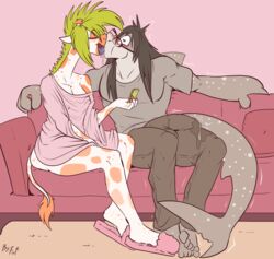 <3_eyes anthro ass barefoot blonde_hair blush bodily_fluids breasts brown_body brown_hair bulge carpet_shark closed_eyes clothed clothing cum cum_in_pants duo extreme_french_kiss feet female fish french_kissing fuf furniture genital_fluids giraffe giraffid hair heart hi_res irelynd_(rileyrivers) kissing long_tongue male male/female mammal marine money nipple_outline off_shoulder shark sofa story story_in_description toby_(rileyrivers) tongue wet wet_clothing whale_shark white_body