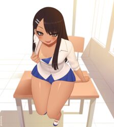 1girls black_hair blush breasts brown_eyes brown_hair classroom clothed clothing female_focus female_only hayase_nagatoro hi_res kuroonehalf long_hair looking_at_viewer medium_breasts on_table open_mouth petite please_don't_bully_me,_nagatoro revealing_clothes school_uniform simple_background sitting smile solo teenager thick_thighs wide_hips