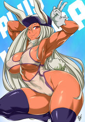 1girls alternate_costume animal_ears animal_tail areolae arm_behind_head armpits bayeuxman breasts bunny_ears bunny_tail cameltoe cap clothing commentary cutout dark-skinned_female dark_skin female_only gloves headwear hourglass_figure leotard miruko muscular muscular_female my_hero_academia nipples oerba_yun_fang one_eye_closed peace_sign posing puffy_nipples pussy rabbit_girl raised_leg red_eyes revealing_clothes rumi_usagiyama see-through see-through_clothing sharp_teeth smile tail text thick_thighs thighhighs underboob v vagina very_long_hair visible_nipples white_hair wide_hips