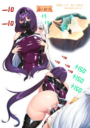 2girls absurdres arms_behind_back blush bodysuit bondage bondage_outfit bound bound_arms breast_grab breasts censored dildo energy_barrier energy_shield gag gagged grabbing grabbing_from_behind groping hair_ribbon hie_(hiememiko) hiememiko highres impossible_bodysuit impossible_clothes kantai_collection large_breasts latex latex_dress latex_leotard leotard locked_arms long_hair mask multiple_girls murakumo_(kantai_collection) object_insertion orange_eyes original purple_eyes purple_hair pussy rape ribbon sex_toy shield shiny shiny_clothes short_eyebrows silver_hair skin_tight standing strap-on tress_ribbon vaginal_object_insertion vaginal_penetration yuri