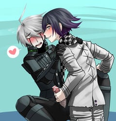 blush clothes clothing danganronpa danganronpa_v3 gay heart jerking jerkingoff kiibo ouma_kokichi penis penis_out purple_hair relaea robot scarf straight_hair white_hair yaoi