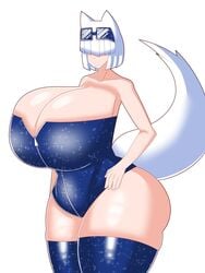 1girls big_breasts breasts_bigger_than_head cleavage curvy duskyer enormous_breasts eyes_covered fox fox_ears fox_girl fox_tail gigantic_breasts hair_covering_eyes hair_over_eyes huge_ass huge_breasts hyper_breasts kitsune large_breasts massive_breasts short_hair simple_background solo solo_female solo_focus taller_girl thick thick_thighs thighhighs top_heavy voluptuous white_background white_hair wide_hips