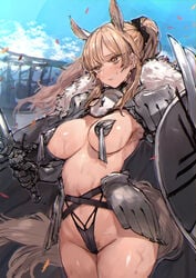 1girls animal_ears arknights armor big_breasts blemishine_(arknights) blonde_hair blush c.cu curvy embarrassed female_pubic_hair hair_ribbon hairy_pussy horse_ears horse_girl horse_tail knight pasties ponytail pubic_hair pubic_hair_peek shield slutty_outfit sweat sweatdrop sweaty sword wide_hips