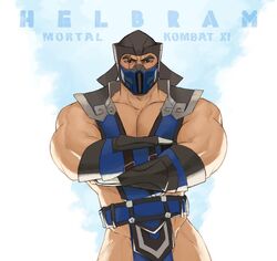 1boy bara barely_clothed crossed_arms kuai_liang lin-kuei male_only masked mortal_kombat muscular muscular_male scar simple_background solo_male sub-zero whyhelbram