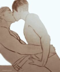 2boys 35gramsperliter animated animated_gif attack_on_titan bare_chest bare_shoulders chest closed_eyes erwin_smith gif kissing levi levi_ackerman male male/male male_only shingeki_no_kyojin shirtless shirtless_(male) undercut yaoi