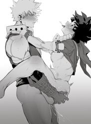 2boys ahe_gao anal anal_sex bare_legs bare_thighs belly_bulge blush bottomless clothing cum_in_ass femboy gay goodbye_glory greyscale hand_on_ass hero_outfit_(mha) izuku_midoriya katsuki_bakugou male male/male male_only male_penetrated male_penetrating male_penetrating_male my_hero_academia orgasm_face partially_clothed stomach_bulge suspended_congress tongue tongue_out yaoi