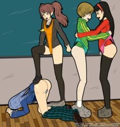 4girls amagi_yukiko angry asphyxiation ass ass_up atlus atomic_wedgie blue_panties blue_shirt blush brown_eyes brown_hair charliethesillydeer classroom exposed_ass female female_focus female_only fetish fighting green_jacket green_panties group hairband jacket kujikawa_rise leggings long_hair looking_at_another orange_panties panties pants pants_down panty_pull pantyhose persona persona_4 pink_panties plaid_pants red_sweater satonaka_chie scarf school school_uniform schoolgirl shirogane_naoto shirt short_hair shoulder_wedgie skirt skirt_down skirt_pull skirt_removed socks sweater teenager twintails wedgie yellow_scarf young younger_female