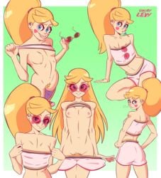 1girls blonde_hair blue_eyes female female_focus female_only green_background looking_at_viewer looking_back okaylevy petite ponytail red-tinted_eyewear shirt_lift small_breasts star_butterfly star_vs_the_forces_of_evil straight_hair sunglasses teasing tinted_eyewear tongue tongue_out