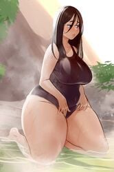 1girls ass bamboo_ale big_ass big_breasts black_hair bottom_heavy breasts chubby dripping fat_ass fully_clothed grey_eyes huge_ass huge_thighs massive_ass on_knees one-piece_swimsuit pale_skin smooth_skin swimsuit thick_thighs thighs tight_clothing wet wide_hips