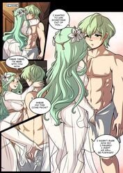 1boy 1girls abs ass big_ass blush blushing byleth_(fire_emblem) byleth_(fire_emblem)_(male) comic couple crotch_rub fire_emblem fire_emblem:_three_houses flower_in_hair green_hair interspecies kinkymation kissing large_breasts male nabatean_(fire_emblem) nipples older_female panties rhea_(fire_emblem) see-through see-through_clothing short_hair tagme