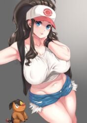 1girls absurd_res areolae armpit baseball_cap big_breasts blue_eyes blue_shorts blush breasts cap denim_shorts female female_focus hand_on_neck hat hi_res hilda_(pokemon) huge_breasts human jean_shorts large_breasts minishorts moisture_(chichi) nintendo nipples pale-skinned_female pale_skin pokemon pokemon_bw ponytail presenting presenting_breasts shirt_lift shorts sweat sweating sweaty sweaty_breasts tank_top tank_top_lift tepig thick_thighs thighs tomboy voluptuous white_background white_tank_top