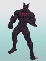 1boy 3_toes abs absolum anthro biceps black_body black_skin bulge demon_boy eddie_(guilty_gear) elbow_spikes gargoyle glowing_eyes glowing_markings glowing_red_eyes gradient_background guilty_gear horns male_only muscular_male muscular_shoulders muscular_thighs no_genitals pecs red_eyes red_markings shadow_creature shadow_monster sharp_nails sharp_toenails simple_background smirk solo solo_male standing