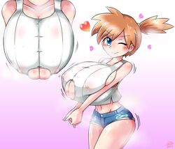 1girls alternate_breast_size big_breasts blue_eyes blush breasts female female_only gigantic_breasts gym_leader heart huge_breasts kasumi_(pokemon) large_breasts legs misty_(pokemon) misty_(pokemon_lgpe) nintendo nipples orange_hair pokemon pokemon_lgpe red_hair short_hair shorts solo teek_(taketakutaku) wink