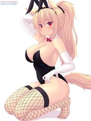 1girls animal_ears animal_tail biting_lip blonde_hair blush bowtie breasts bunny_ears bunnysuit covered_navel elbow_gloves eyebrows_visible_through_hair fangs female female_only fishnet_stockings fishnets fox_ears fox_girl fox_tail gloves kemonomimi kneeling large_breasts legwear ponytail red_eyes sideboob tagme tail thighhighs tiffy tiffynyaa