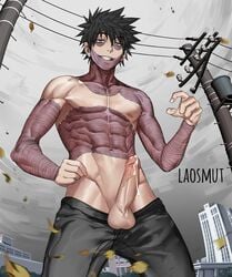 1boy bare_arms bare_chest bare_shoulders black_hair blue_eyes burn_scar chest clothing cum cum_drip cum_dripping dabi genitals laosmut male male_focus male_only my_hero_academia outdoors outside pants penis penis_out scar scars solo solo_focus solo_male todoroki_touya touya_todoroki