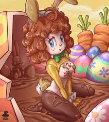 1girls breasts bree brown_hair bunny_ears bunny_girl bunnysuit cajarito chocolate curly_hair egg female female_only medium_breasts solo