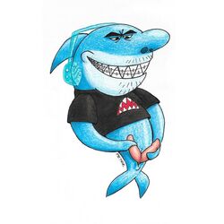 1:1 anthro blue_body blue_skin braces bull_sharkowski cartoon_network clothing diphallia diphallism fish genitals hi_res male marine multi_genitalia multi_penis my_gym_partner's_a_monkey penis peterdamart shark shirt simple_background solo teeth topwear white_background