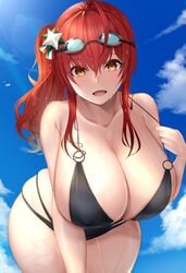 1girls azur_lane bikini breasts female g3bit10 goggles goggles_on_head huge_breasts long_hair o-ring o-ring_bikini red_hair side_ponytail sky solo wide_hips yellow_eyes zara_(azur_lane) zara_(poolside_coincidence)_(azur_lane)