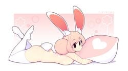 1girls :3 ass bunny_ears bunny_tail cute female fiz fizintine hair_bun looking_at_viewer lying_on_stomach medium_hair naked nude oc original original_character pillow pink_hair side_bun sideboob solo thigh_highs thighhighs white_skin white_thighhighs