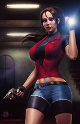 1girls alternate_version_available artist_name belt big_breasts biohazard breasts busty capcom claire_redfield clothes clothing color colored curvaceous curves curvy dark_hair dat_ass deviantart digital_media_(artwork) digital_painting_(artwork) eyelashes female female_focus female_only firearm fully_clothed gun hair handgun hips hourglass_figure human human_only indoors inside large_breasts legs light-skinned_female light_skin lipstick makeup martaino medium_hair open_eyes red_lips red_lipstick resident_evil resident_evil_2 revolver short_hair solo standing text thick_thighs thighs voluptuous watermark weapon wide_hips