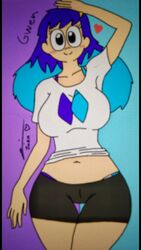 alternate_version_available big_breasts blue_fur gwen_(writers_crusaders) hairclip laying_down ponytail purple_hair short_shorts simple_background solo_female thick_thighs tshirt two_tone_hair wcjuan writers_crusaders