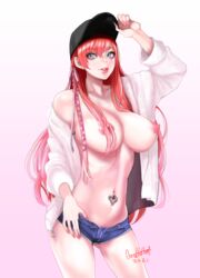 2021 breasts cap ear_piercing eyebrows_visible_through_hair final_fantasy final_fantasy_xiv hair_covering_breasts hot_pants hyur long_hair looking_at_viewer navel navel_piercing nipples ooshima_ryou painted_nails pink_ribbon ribbon ryne_waters short_shorts square_enix