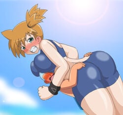 1boy adapted_costume alternate_breast_size ass ass_grab asymmetrical_hair back bikini blue_shirt breasts cowboy_shot creatures_(company) female game_freak gen_1_pokemon green_eyes groping gym_leader huge_ass huge_breasts jankey18rnbadd kasumi_(pokemon) large_breasts legs misty_(pokemon) misty_(pokemon_frlg) nintendo orange_hair pokemon pokemon_(game) pokemon_frlg pokemon_rgby ponytail red_hair shirt short_hair side_ponytail sky solo spandex swimsuit thighs tied_hair wide_hips