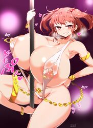 1girls armpits female heart-shaped_pupils komachi_onozuka large_breasts nipple_piercing pandain pierced_through_clothes pole pole_between_breasts pole_dancing sling_bikini tagme thick_thighs touhou