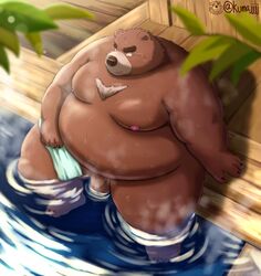 2021 absurd_res anthro balls belly bodily_fluids brown_body brown_fur flaccid fur genitals hi_res kemono kumajjjj male mammal moobs nipples obese obese_anthro obese_male overweight overweight_anthro overweight_male penis sitting solo sweat towel ursid