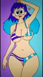 alternate_version_available big_penis bikini blue_hair curvy_figure gwen_(writers_crusaders) laying_down purple_hair simple_background solo_female striped_bikini striped_bra striped_panties thick_thighs two_tone_hair wcjuan wide_hips writers_crusaders