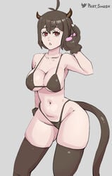 1girls bikini bikini_bottom bikini_top black_clover black_hair breasts cat_girl cat_paws cat_tail cowlick eyebrows_visible_through_hair female female_only flat_belly grey_background hand_up horns hourglass_figure large_breasts legwear navel parted_lips paw_gloves phat_smash plain_background red_eyes secre_swallowtail short_hair solo solo_female stockings stomach thick_thighs thighs watermark wide_hips