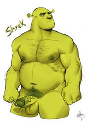 1boy balls belly dreamworks erection genitals glans green_balls green_body green_penis green_skin hi_res humanoid humanoid_genitalia humanoid_penis male male_only maruikito nipples not_furry ogre penis precum precum_drip retracted_foreskin shrek shrek_(series) slightly_chubby solo testicles universal_studios