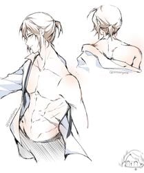 1boy back_muscles brown_hair gay male male_only muscles solo tied_hair tower_of_god twenty-fifth_baam undressed undressing yaoi