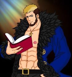 1boy angelplammy barely_clothed belt book cross_necklace earrings fur_coat grin king_of_fighters leopold_goenitz light_blue_eyes male male_only muscular muscular_male necklace nipples serious_look simple_background snk solo_male sunshine tagme