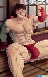 1boy abs artist_name bulge capcom clothing gloves grelx hair male male_only nipples ryu_(street_fighter) short_hair solo street_fighter video_games watermark