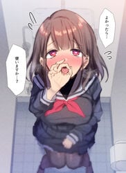 black_legwear blush breasts brown_hair clothing fellatio_gesture female from_above half-closed_eyes hand_gesture heart-shaped_pupils japanese_text koikawa_minoru looking_at_viewer open_mouth original pantyhose pink_eyes pleated_skirt red_neckwear saliva school_uniform sitting skirt speech_bubble text toilet toilet_paper toilet_seat translated