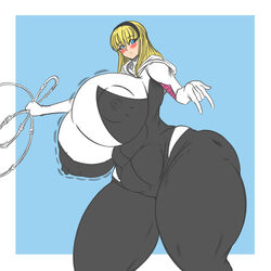 belly blonde_hair blue_eyes blush breasts_bigger_than_head dragonicxs fully_clothed gofenix gwen_stacy hairband hi_res highres huge_ass huge_breasts looking_at_viewer marvel nipple_bulge spider-gwen spider-man_(series) thick_thighs thighs_bigger_than_head tight_clothing wide_hips