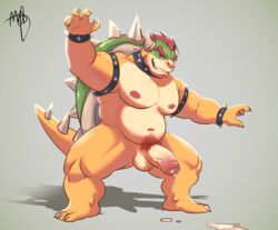 1boy anthro balls bara belly bodily_fluids bowser bracelet cum genital_fluids genitals hi_res horn humanoid_genitalia humanoid_penis jewelry koopa male male_only mario_(series) maruikito nintendo penis scalie shell slightly_chubby solo solo_male spiked_bracelet spikes video_games