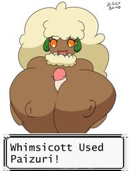 big_breasts bodily_fluids breasts drooling duo excessive_size female genitals hi_res human humanoid iggy-bomb male male/female mammal nintendo open_mouth open_smile orange_eyes paizuri penis pokémon_(species) pokemon saliva sex simple_background smile titjob video_games whimsicott white_background