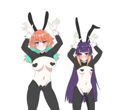 2girls belly belly_button big_breasts blush elf_ears female_only hololive hololive_english hololive_myth large_breasts long_hair looking_at_viewer ninomae_ina'nis orange_hair pasties pointy_ears purple_eyes purple_hair reverse_bunnysuit sero4308 small_breasts takanashi_kiara thick_thighs two_tone_hair very_long_hair virtual_youtuber